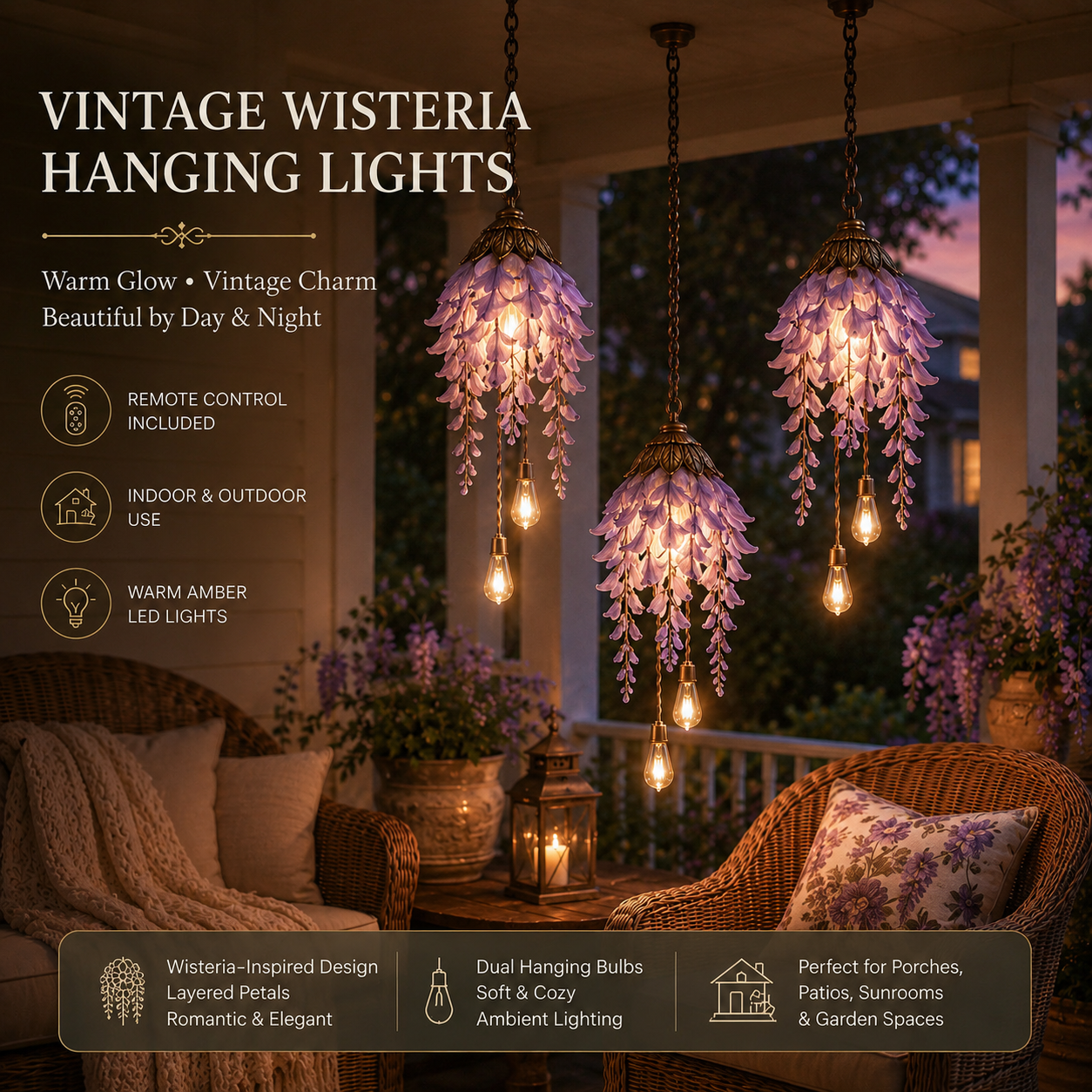 🌸  Vintage Hanging Flower Lights – Dusty Rose, Vintage Wisteria & Antique Ivory Lily | Warm Glow Garden & Patio Decor