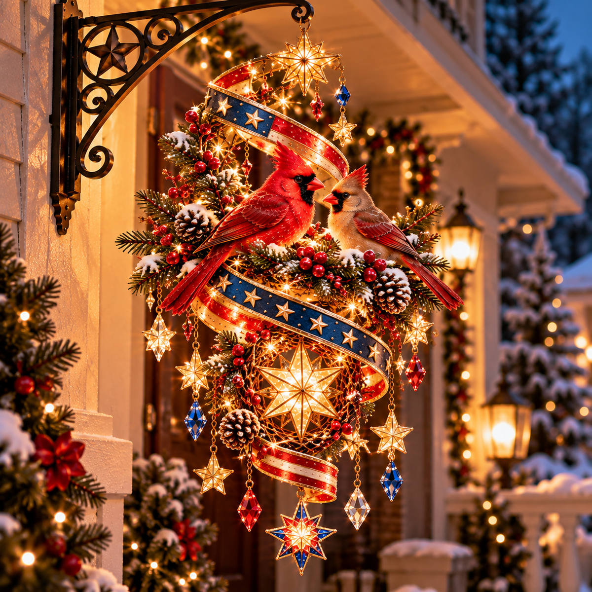 🇺🇸❤️ Cardinal's Freedom Spiral™ – Lighted Patriotic Christmas Porch Hanging Decor with Cardinal Pair, Glowing 3D Star & Red White Blue Ribbon ✨🎄