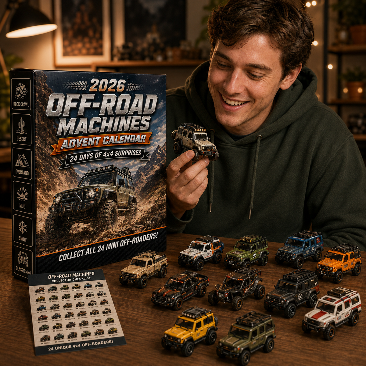 Adult collector holding a miniature 4x4 vehicle