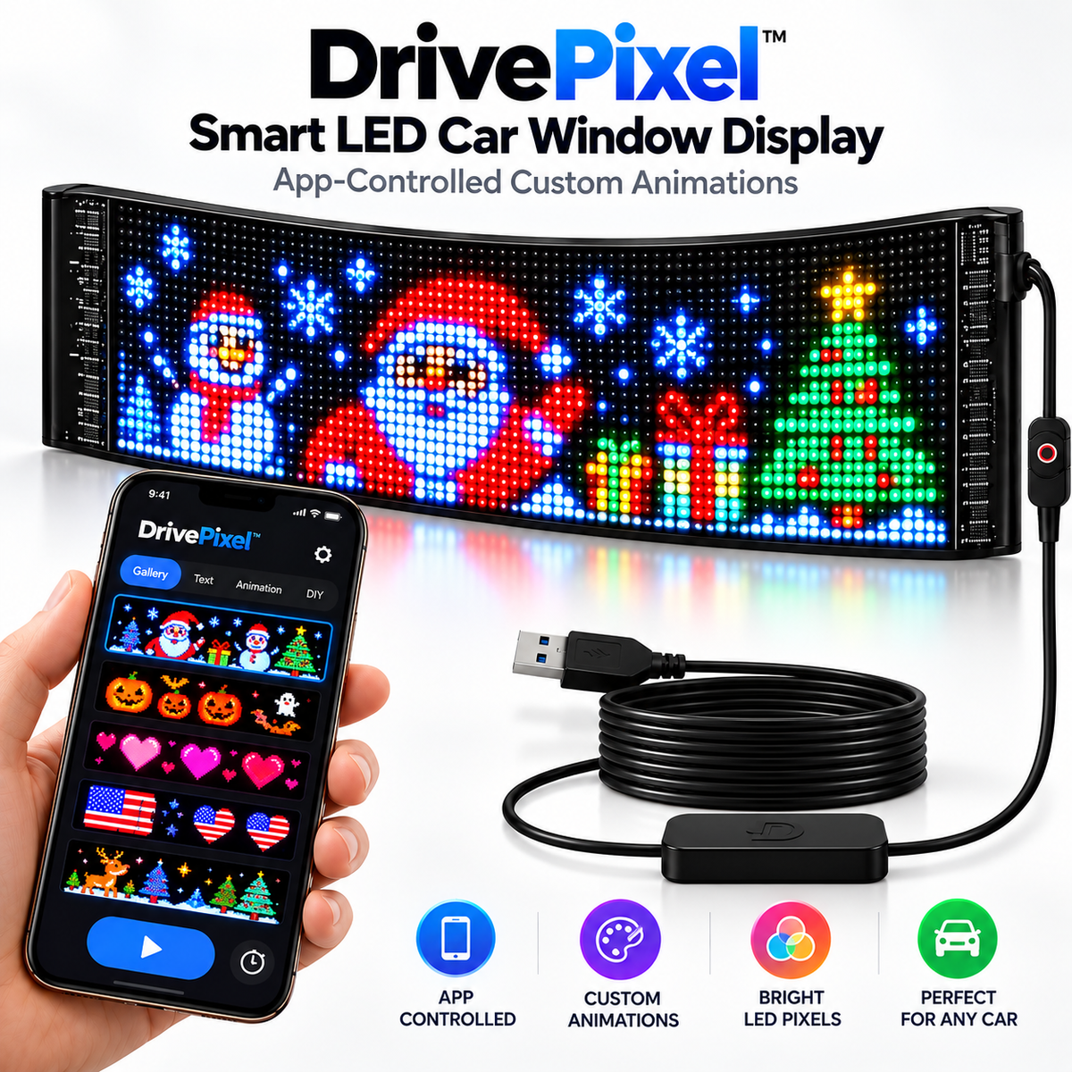 🎄 DrivePixel™ Smart LED Car Window Display | App-Controlled Animated Pixel Screen