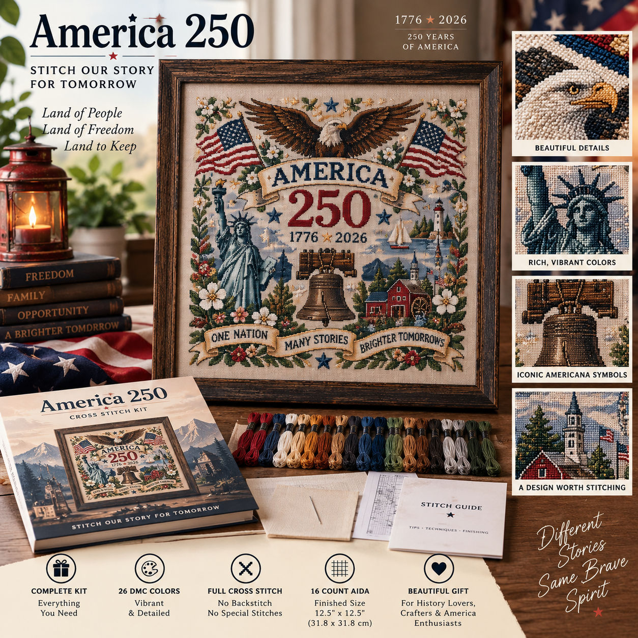America 250 cross stitch kit with finished patriotic design