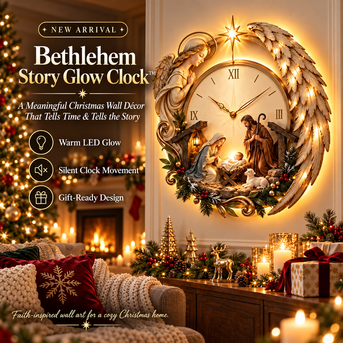 ✨ Bethlehem Story Glow Clock™ | Lighted Angel Nativity Christmas Wall Décor