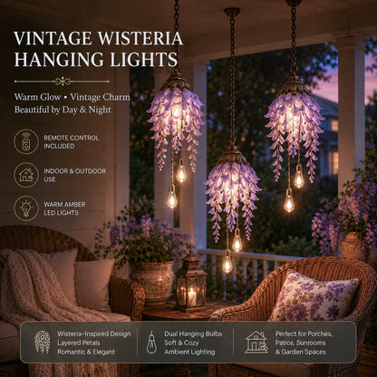 🌸  Vintage Hanging Flower Lights – Dusty Rose, Vintage Wisteria & Antique Ivory Lily | Warm Glow Garden & Patio Decor