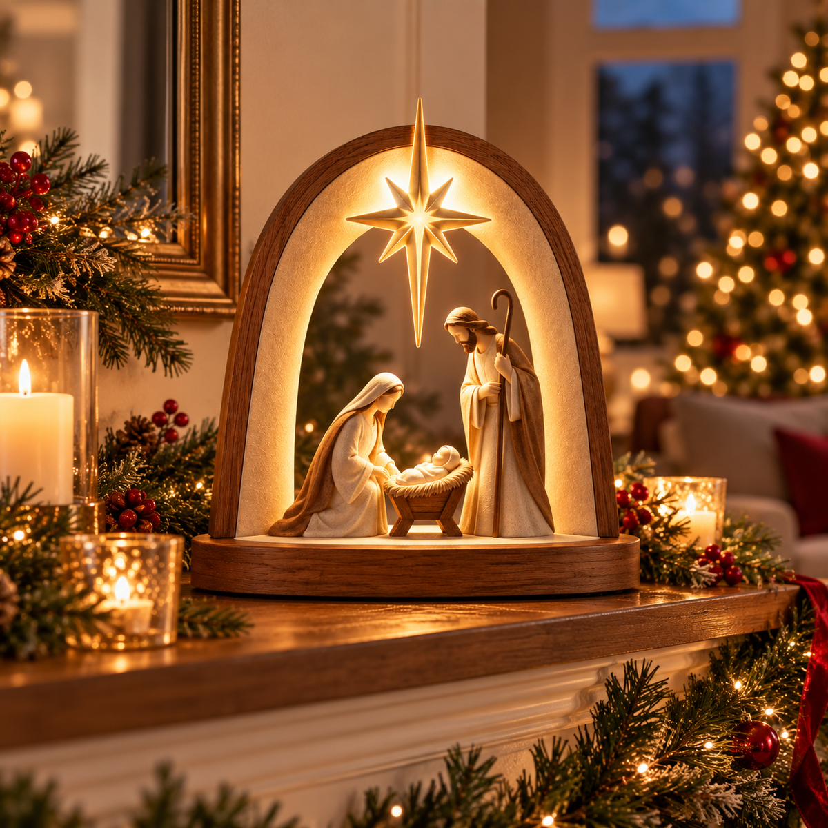Light of Bethlehem Nativity displayed in a warm Christmas home