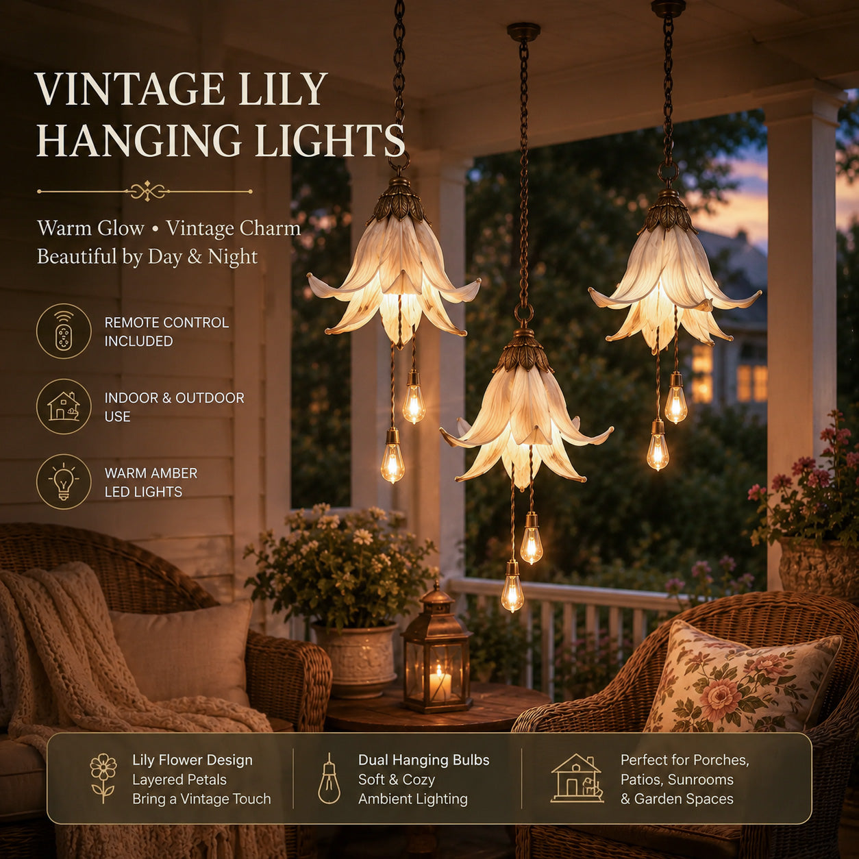 Vintage Lily Hanging Flower Lights glowing on a covered porch