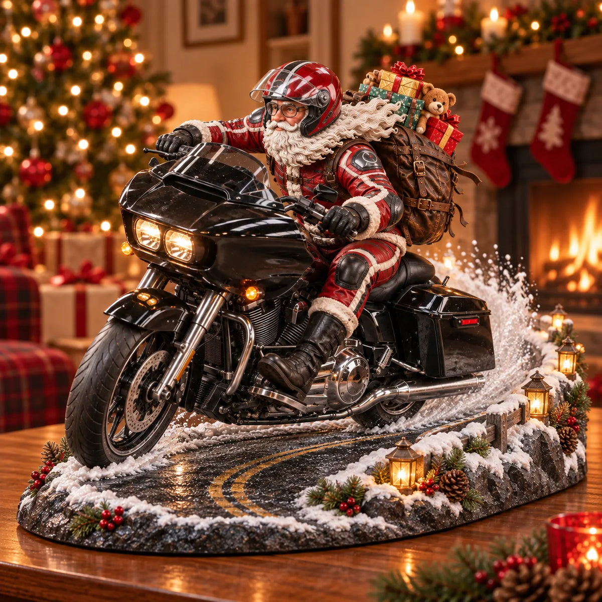 Santa riding a black touring motorcycle through a Christmas scene