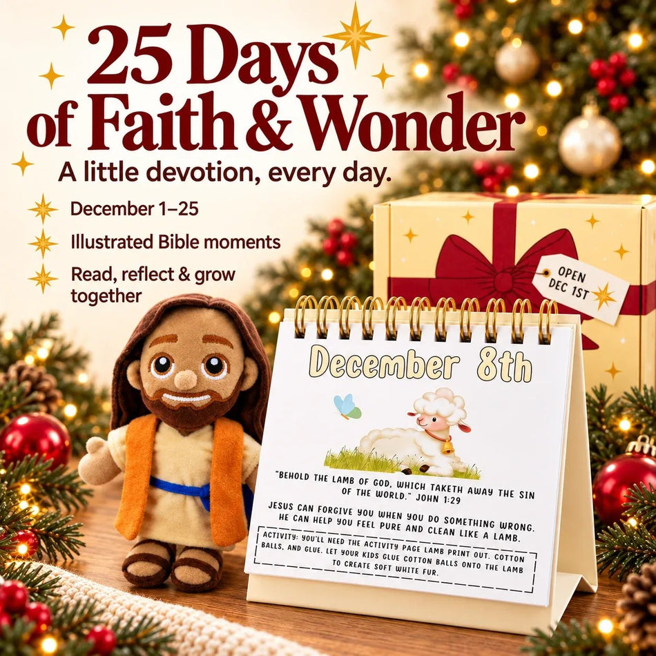 Illustrated daily Advent calendar page for December 8 beside the Jesus plush
