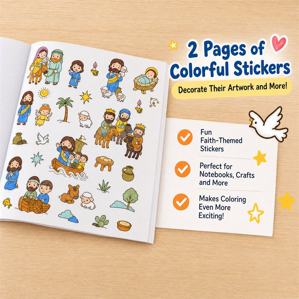 Two pages of colorful faith themed stickers