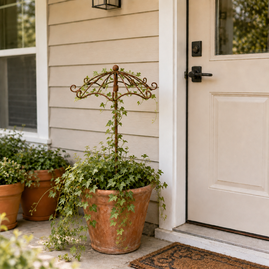 Vintage umbrella trellis with climbing vines