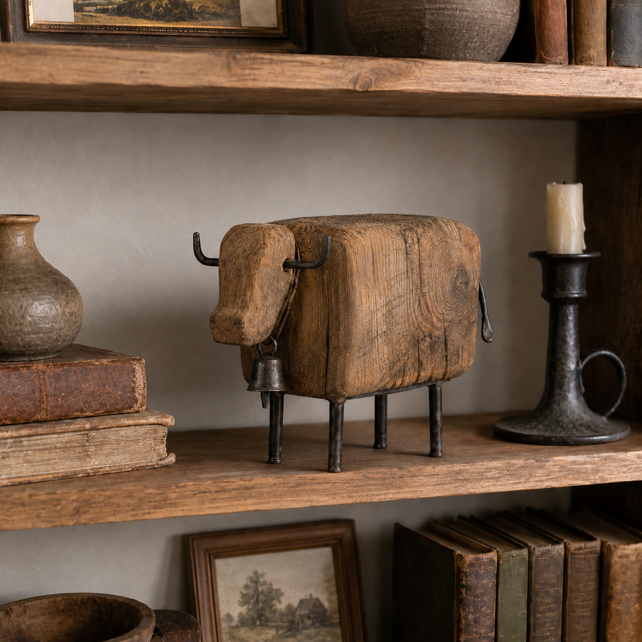 Vintage Wooden Cow Figurine with Metal Bell