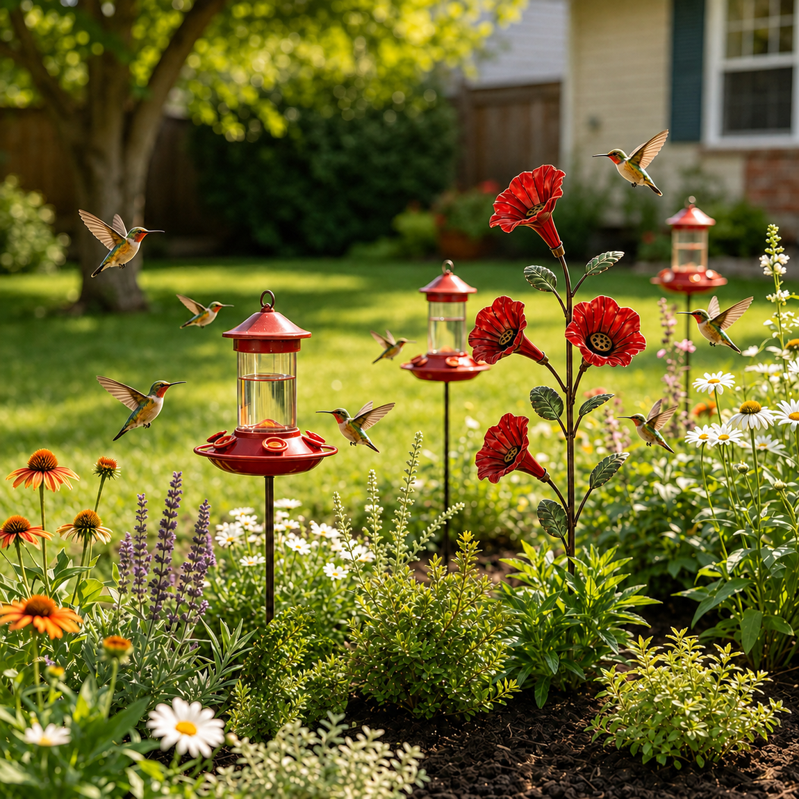 Red flower feeder garden stake with hummingbirds in a backyard garden