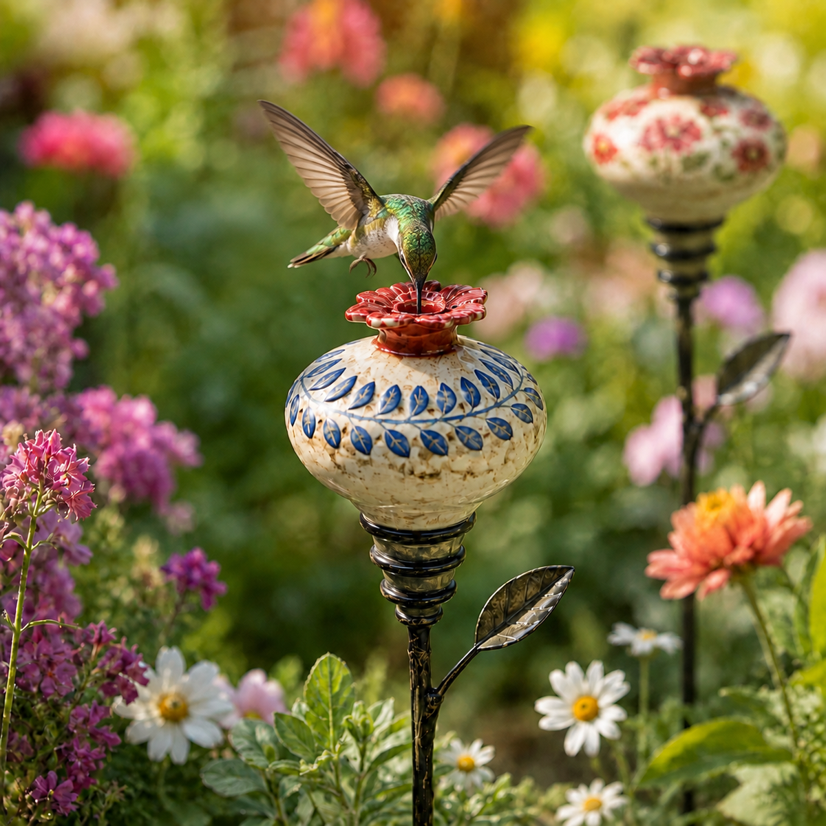 Hummingbird visiting ceramic flower feeding port