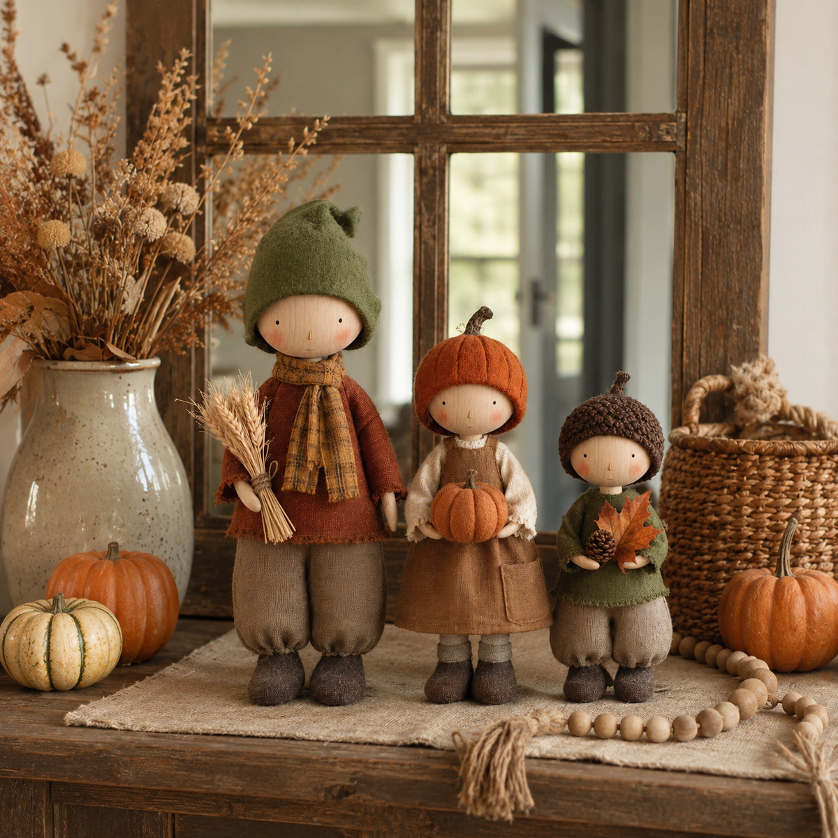 Tall harvest character holding wheat