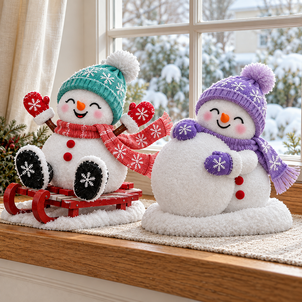 Sledding Frosty and Snowball Buddy displayed together near a snowy window, with teal and purple winter accessories