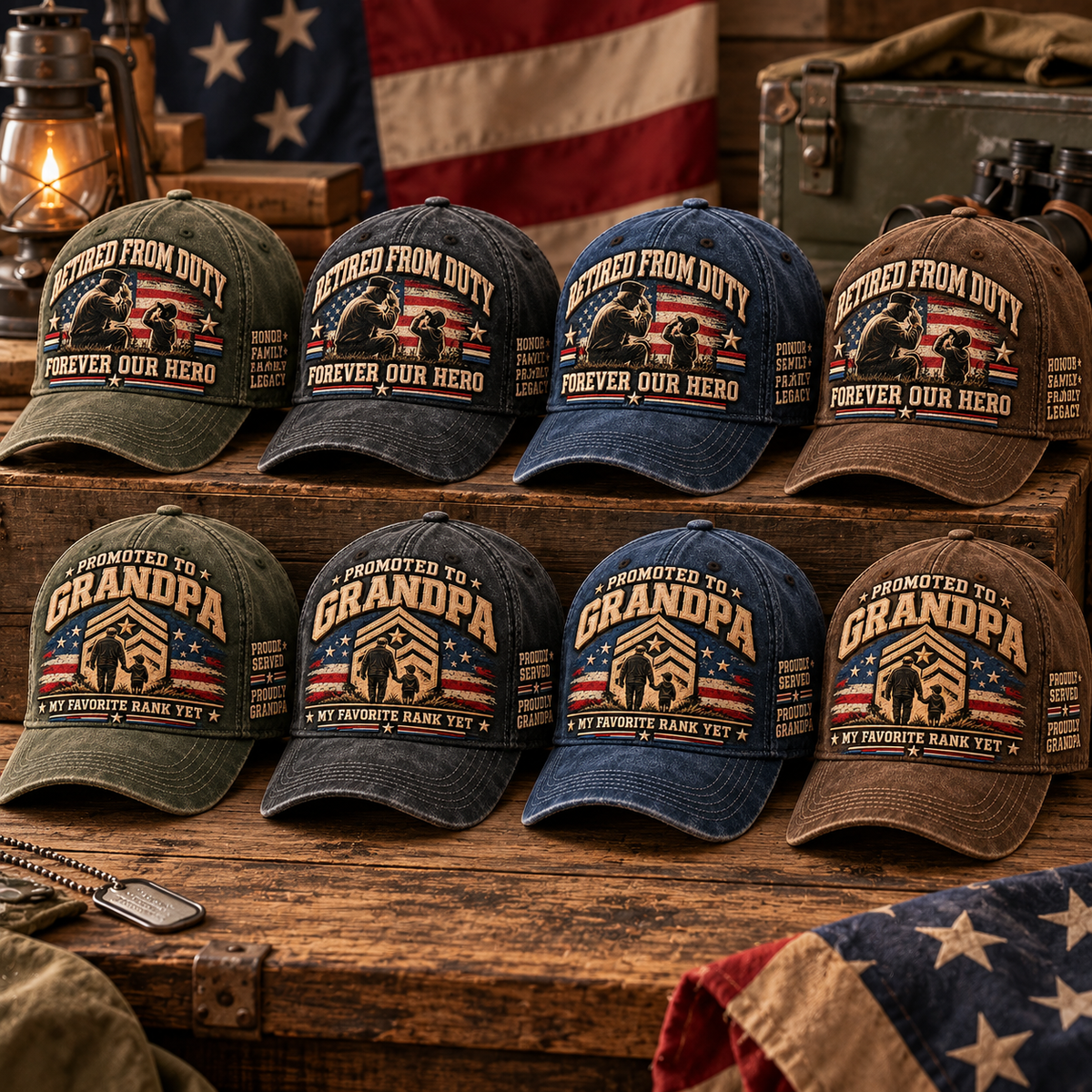 Eight color and style options in Veteran Salute and Grandpa Legacy embroidered hats