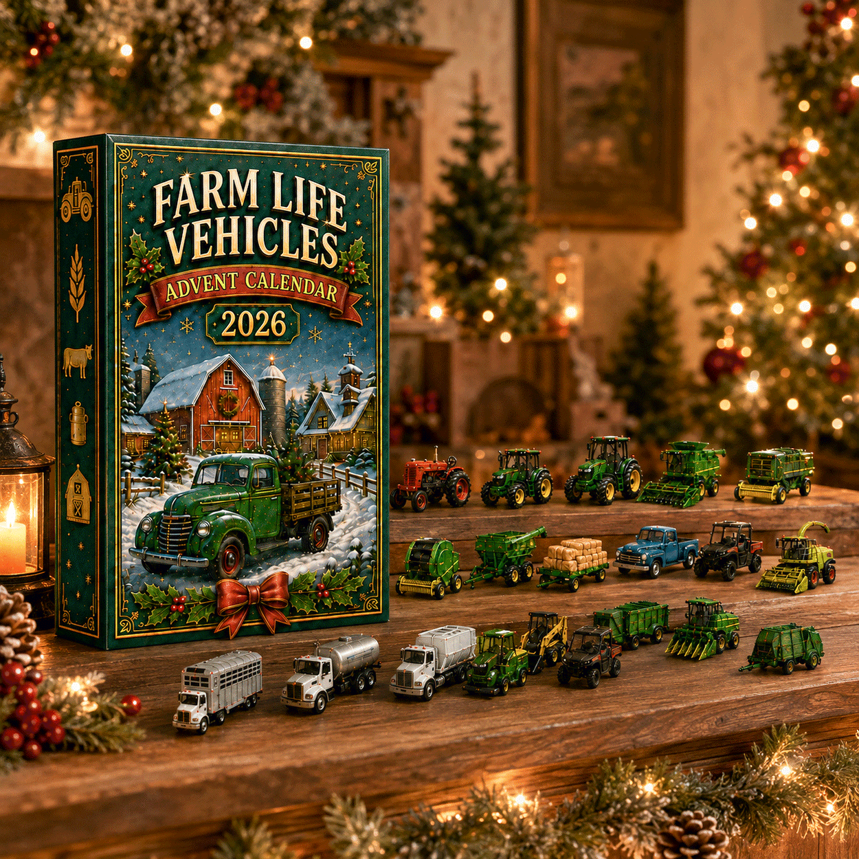 Complete Farm Life Vehicles collection displayed as a Christmas farm fleet