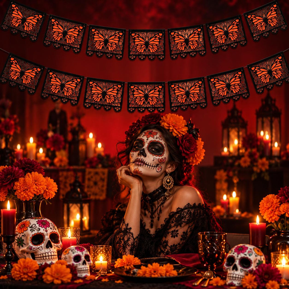 Day of the Dead celebration decorated with monarch butterfly memorial banners