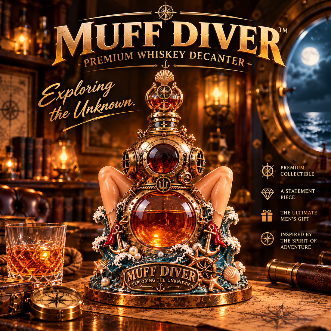 MUFF DIVER vintage diver whiskey decanter promotional poster