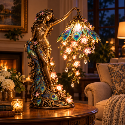🦚 Peacock Goddess Table Lamp™ | 28cm Vintage Floral Accent Light with Warm Glow