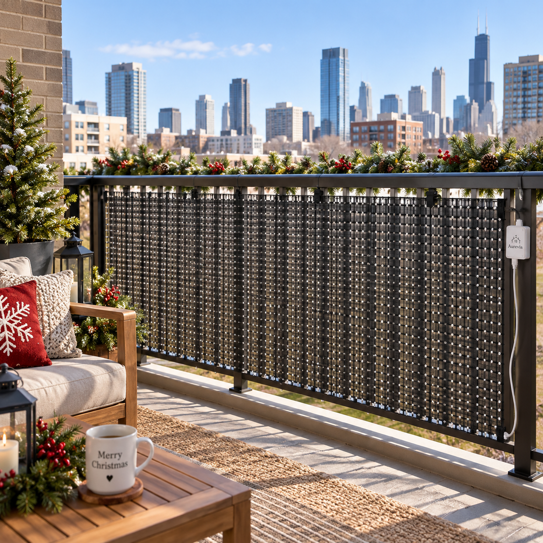 Christmas curtain lights installed on balcony during daytime