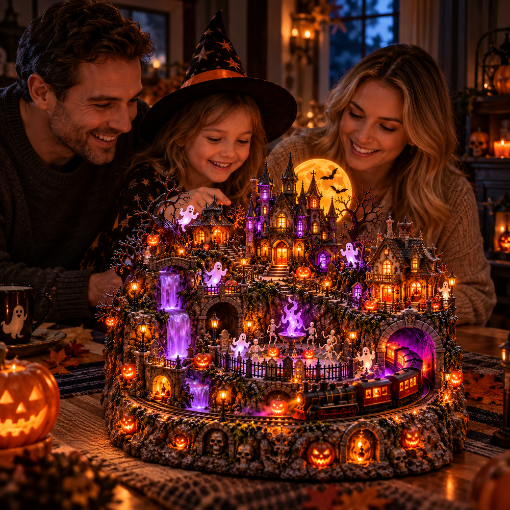 Family enjoying Haunted Ghost Train Village Halloween lighted scene together in a cozy living room