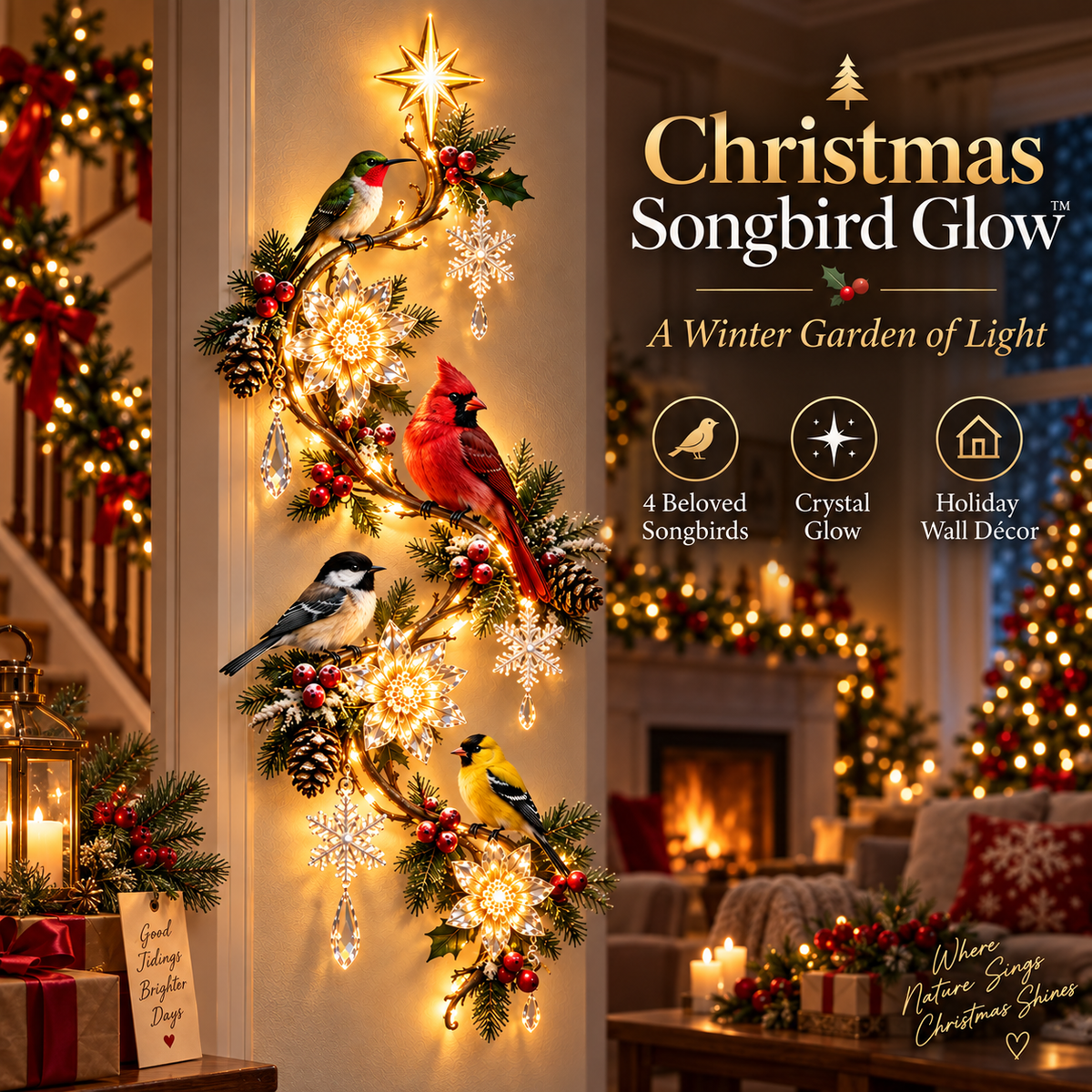 🎄🐦 Christmas Songbird Garden Glow™ – Illuminated Holiday Bird Wall Décor