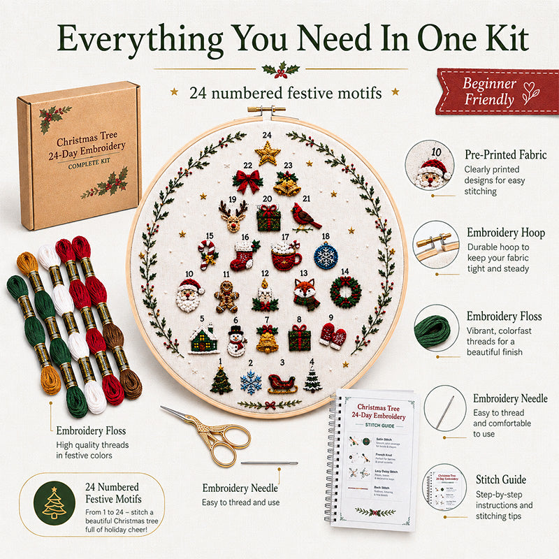🎄🧵 Christmas Tree 24-Day Embroidery Kit – Stitch a Little Christmas Magic Every Day ✨🎁