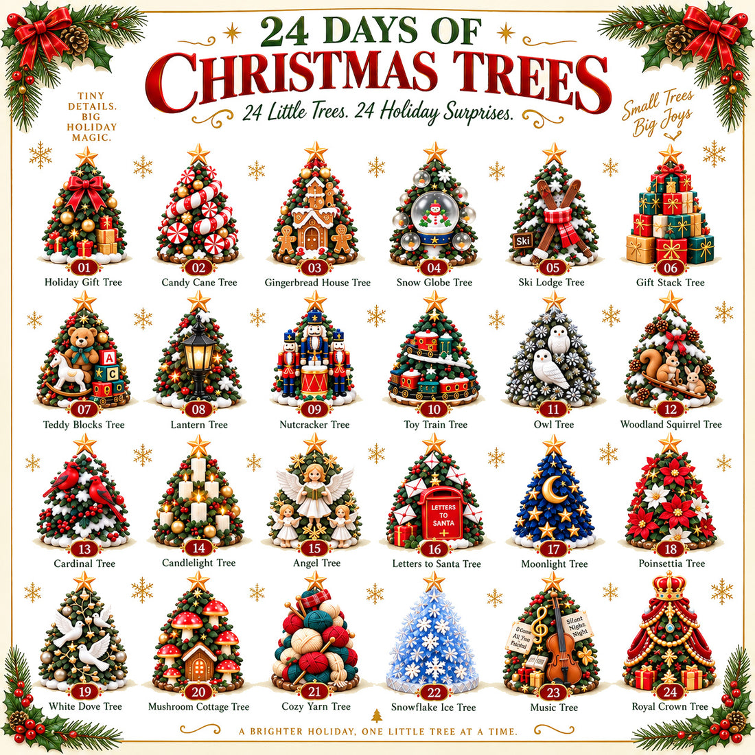 All 24 miniature Christmas tree designs