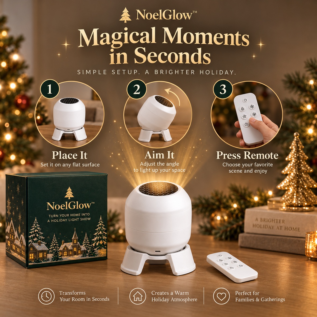 Three simple steps to use NoelGlow Christmas projector