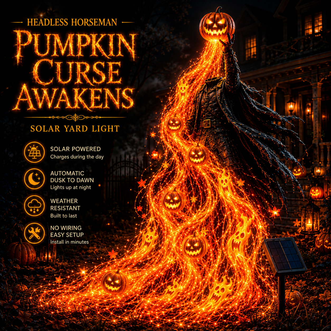 Headless Horseman Pumpkin Curse 🎃 Flowing Solar Halloween Yard Light
