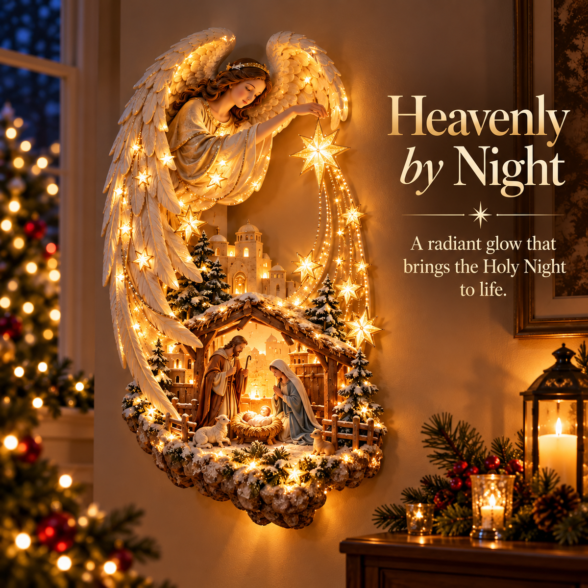 ✨ Heavenly Guardian™ Lighted Nativity Wall Decor – 3D Angel & Holy Family Christmas Wall Art