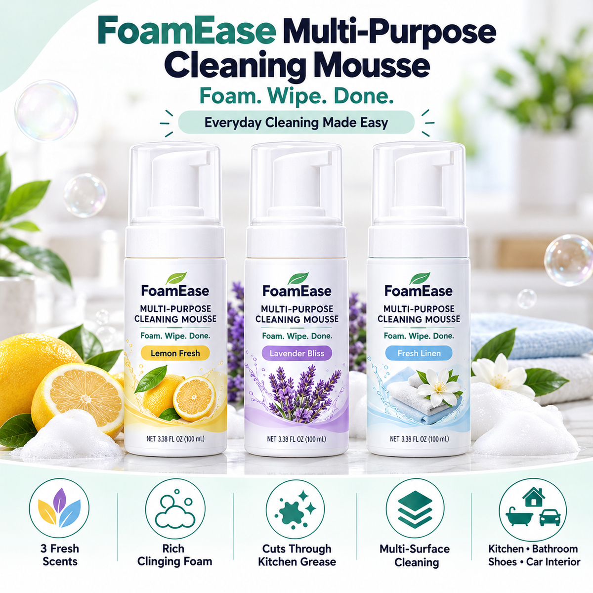 FoamEase Lemon Fresh, Lavender Bliss and Fresh Linen cleaning mousse