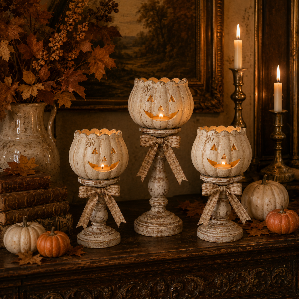 Harvest Glow white pumpkin pedestal tealight holders set of three