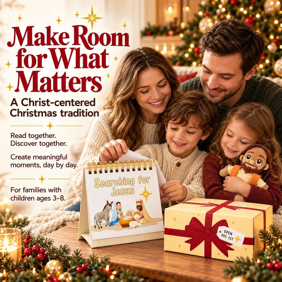 Parents sharing the Searching for Jesus Advent story calendar with children beside the Christmas tree