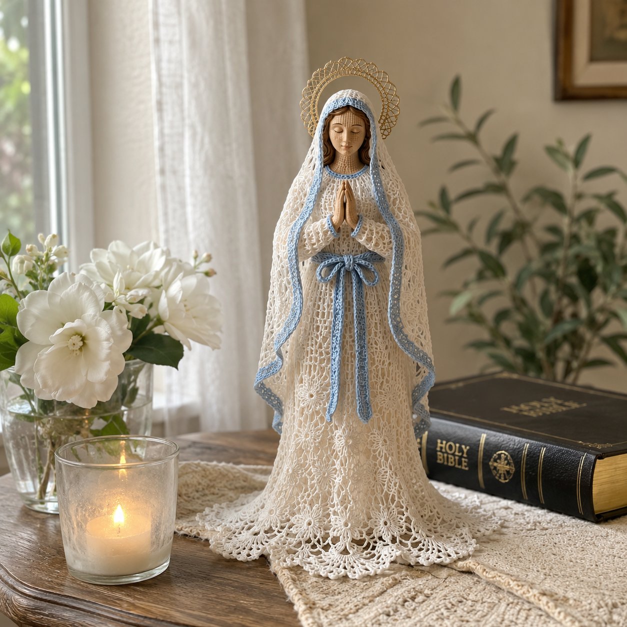 ⏳ Last Day 49% OFF – ✝️ Blessed Mother, Jesus & Guardian Angel | Lace-Inspired Faith Figure Collection 🤍✨