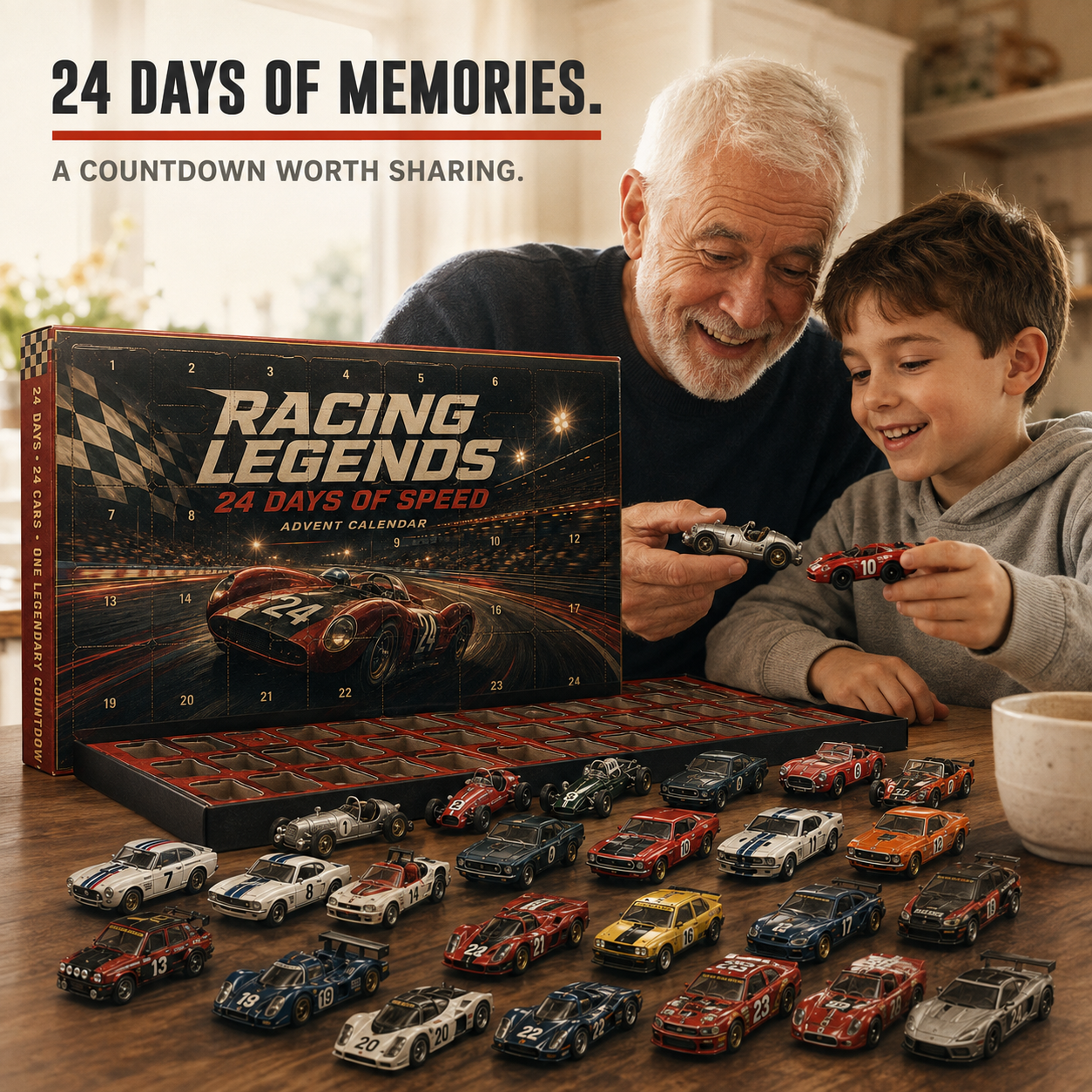 Grandfather and child enjoying Racing Legends Advent Calendar