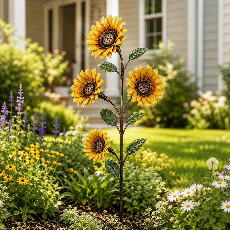 Vintage sunflower hummingbird feeder garden stand in a landscaped flower bed
