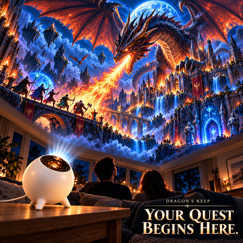 Couple enjoying a dragon-and-castle-inspired illuminated ceiling in their cozy living room