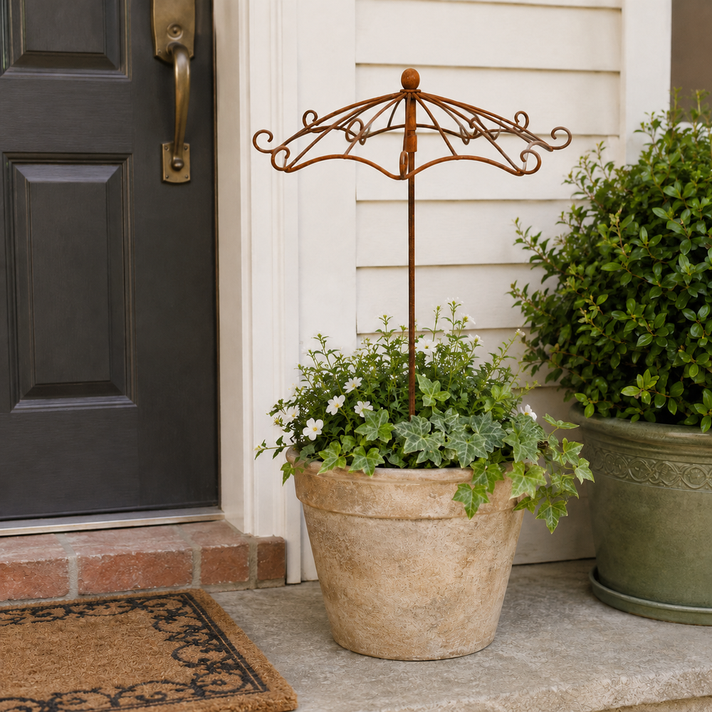 Vintage umbrella garden trellis in planter