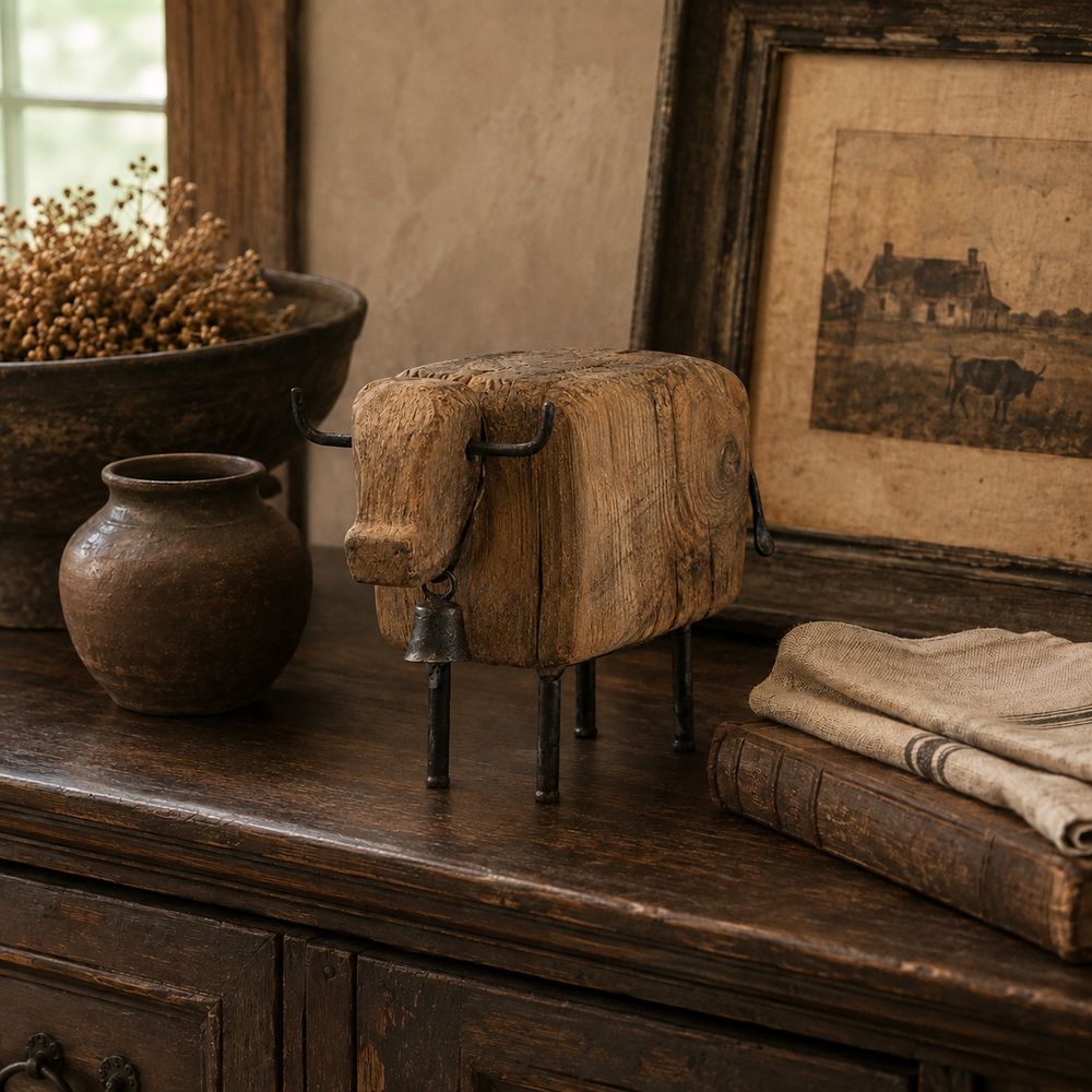 Rustic cow figurine styled on a vintage sideboard