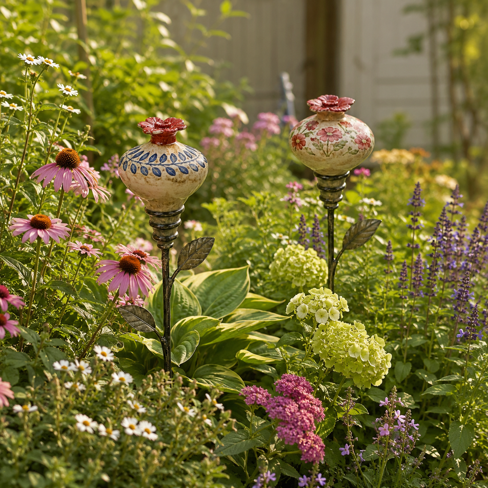 Ceramic hummingbird feeders in a flower bed