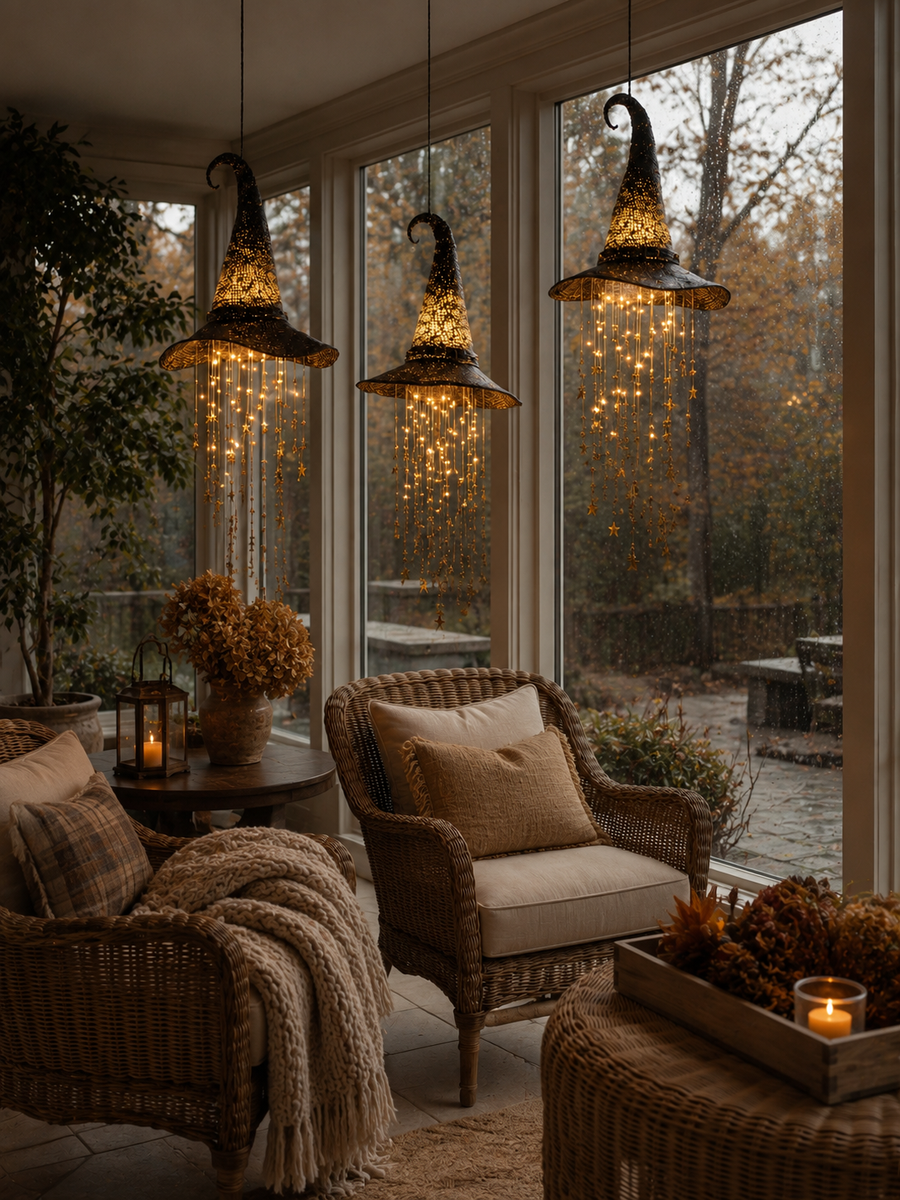 Glowing witch hats hanging inside in front of large windows