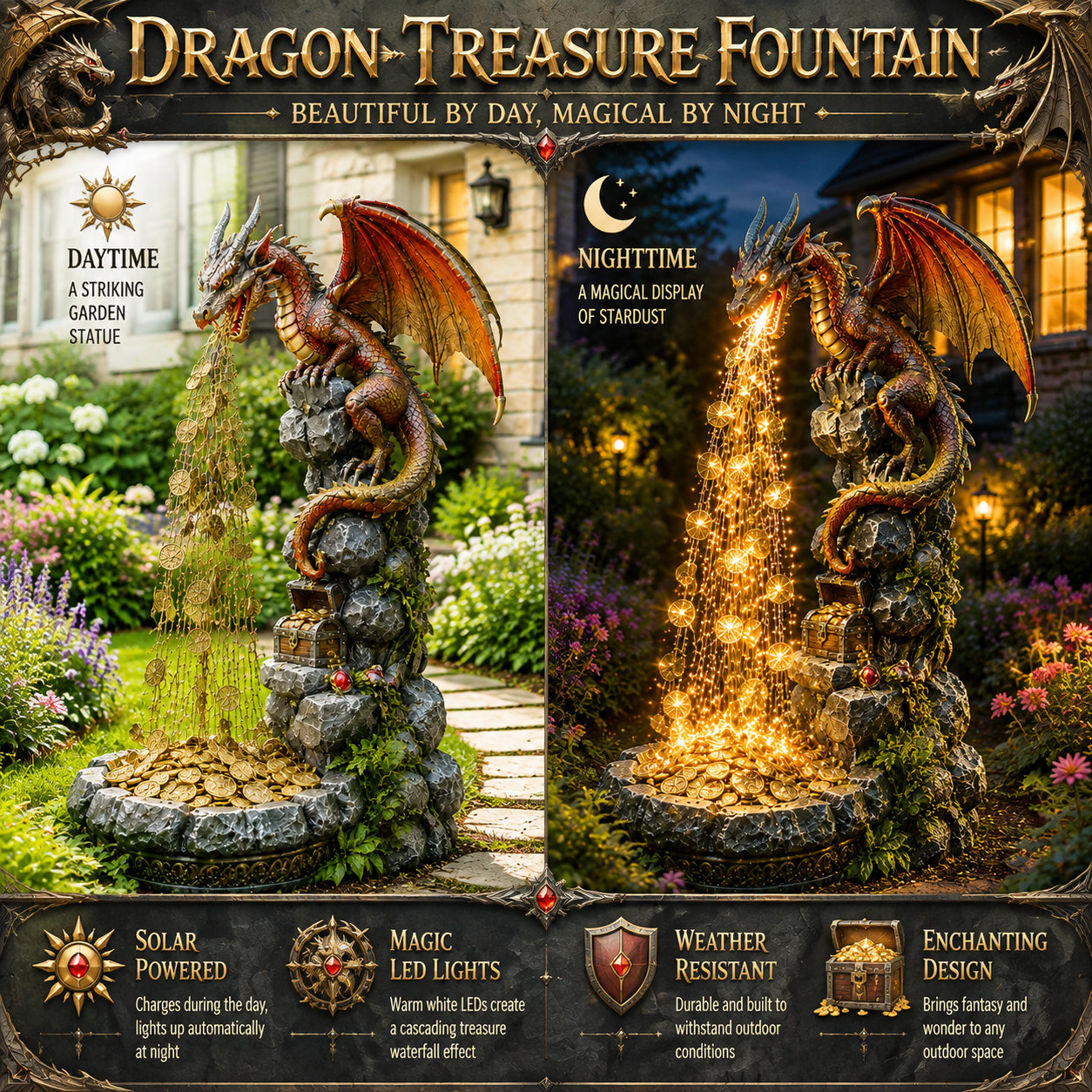 🐉✨ Dragon Treasure Fountain Solar Garden Light 💰🌙