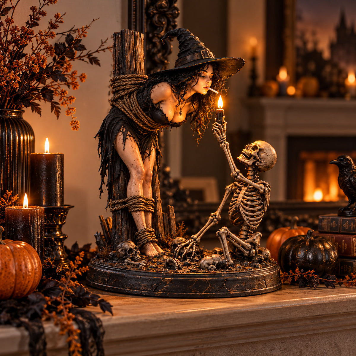 🧙 Witch & Skeleton Candle Scene Figurine – Dark Gothic Halloween Tabletop Decor