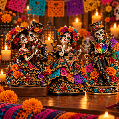 Complete collection of three colorful Catrina figurine styles displayed together