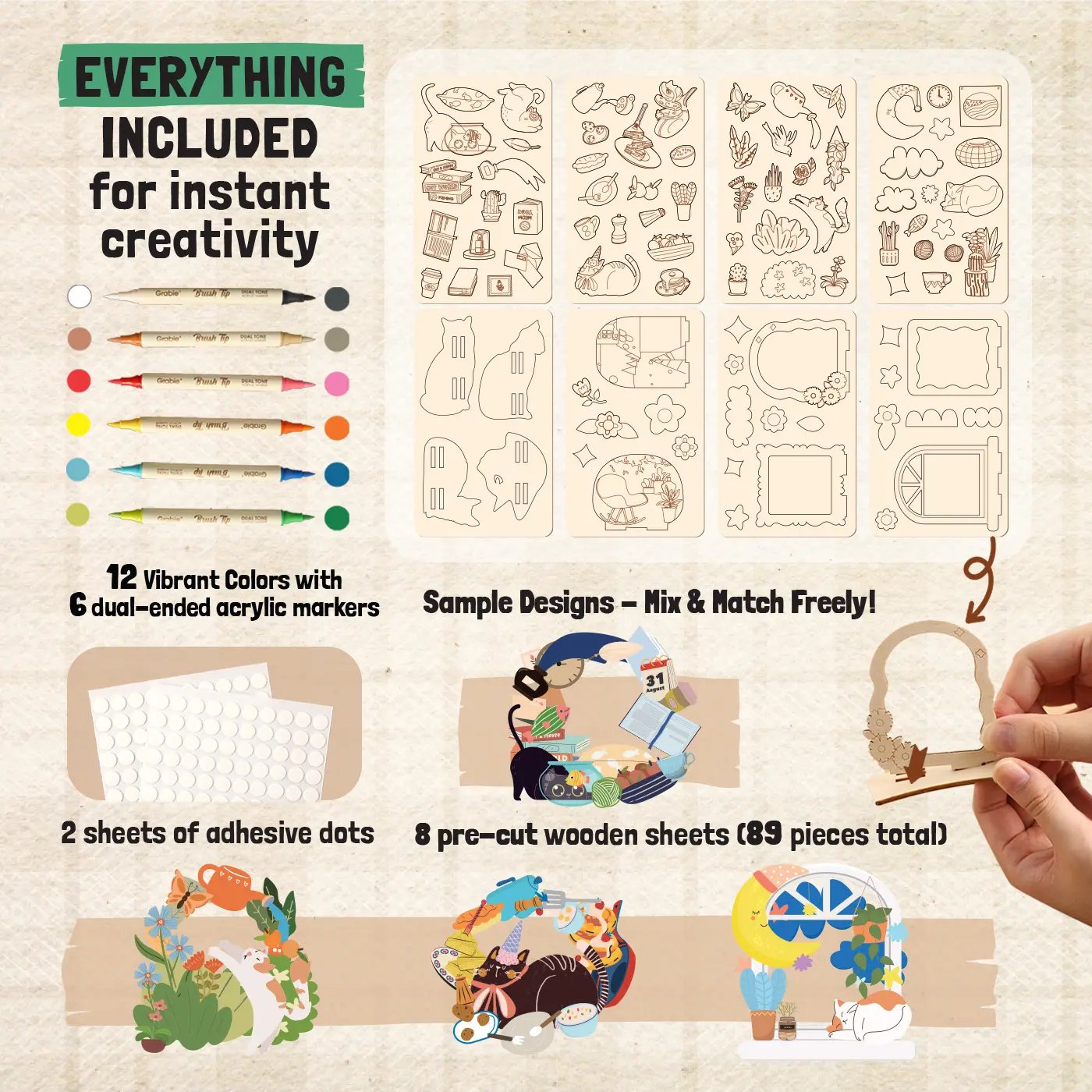 🎨 Beginner-Friendly 2-Collection Wood Painting Craft DIY Kit | Complete Bundle with 195 Pre-Cut Wooden Pieces, 24 Acrylic Colors & Adhesive Dots Included 💕