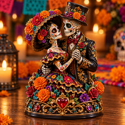 Eternal Love Catrina couple figurine with colorful flowers and ornate heart details