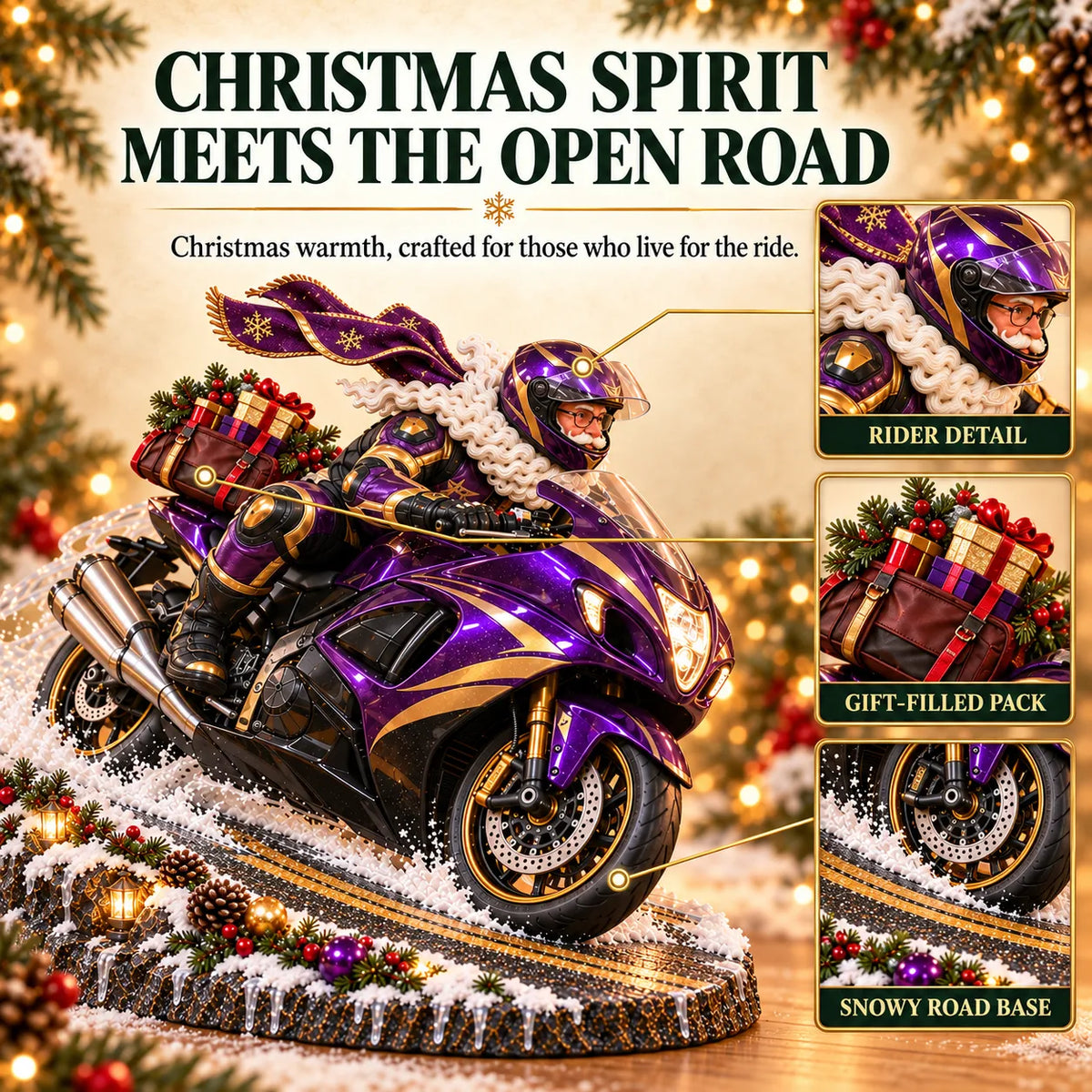 Detailed Santa motorcycle Christmas collectible