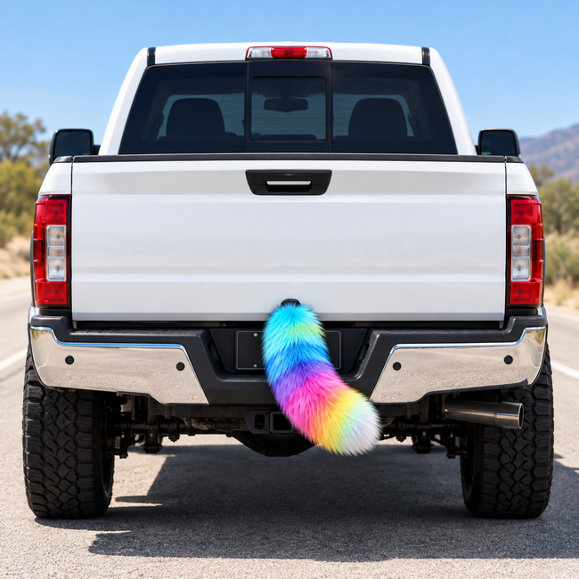 Multicolored rainbow fluffy tail on a white pickup