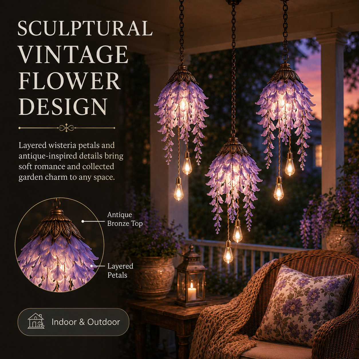 🌸  Vintage Hanging Flower Lights – Dusty Rose, Vintage Wisteria & Antique Ivory Lily | Warm Glow Garden & Patio Decor